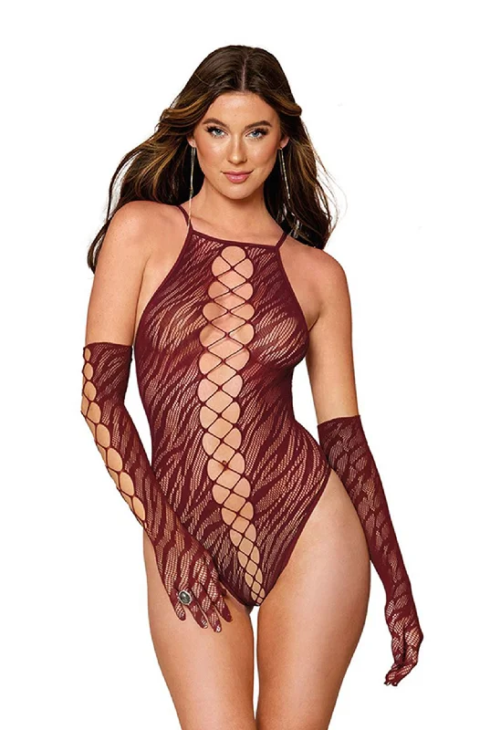 Seamless zebra fishnet teddy and glove