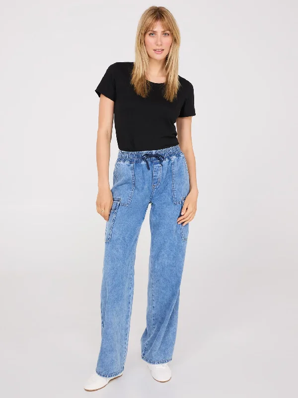 Long Length Wide-Leg Denim Cargo Pants