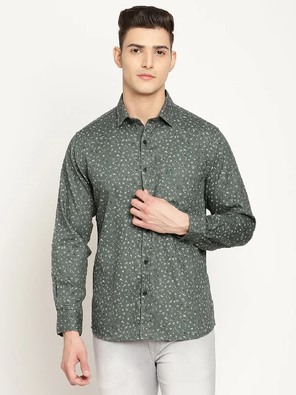 Cantabil Cotton Printed Green Full Sleeve Casual Shirt for Men with Pocket