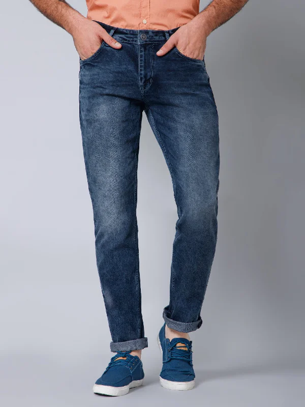 Cantabil Cotton Denim Flat Front Mid Rise Full Length Regular Fit Blue Solid Casual Jeans For Men