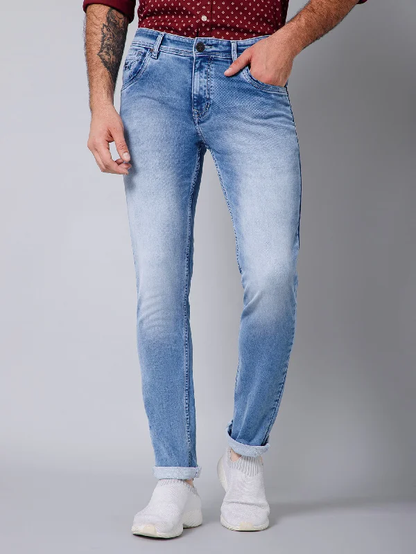 Cantabil Cotton Denim Flat Front Mid Rise Full Length Regular Fit Light Blue Solid Casual Jeans For Men