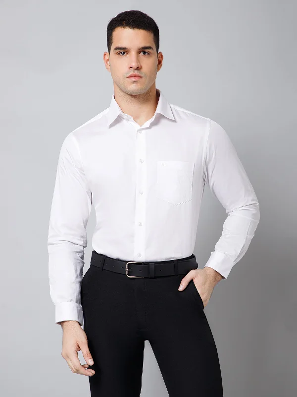 Cantabil Cotton Solid Full Sleeve Regular Fit White Party Wear Shirt for Men with Pocket