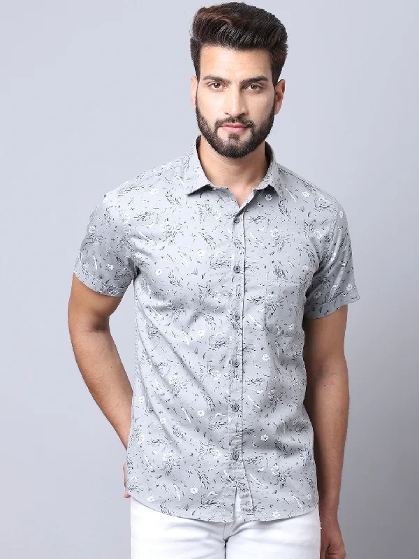 Cantabil Cotton Printed Grey Half Sleeve Casual Shirt for Men with Pocket