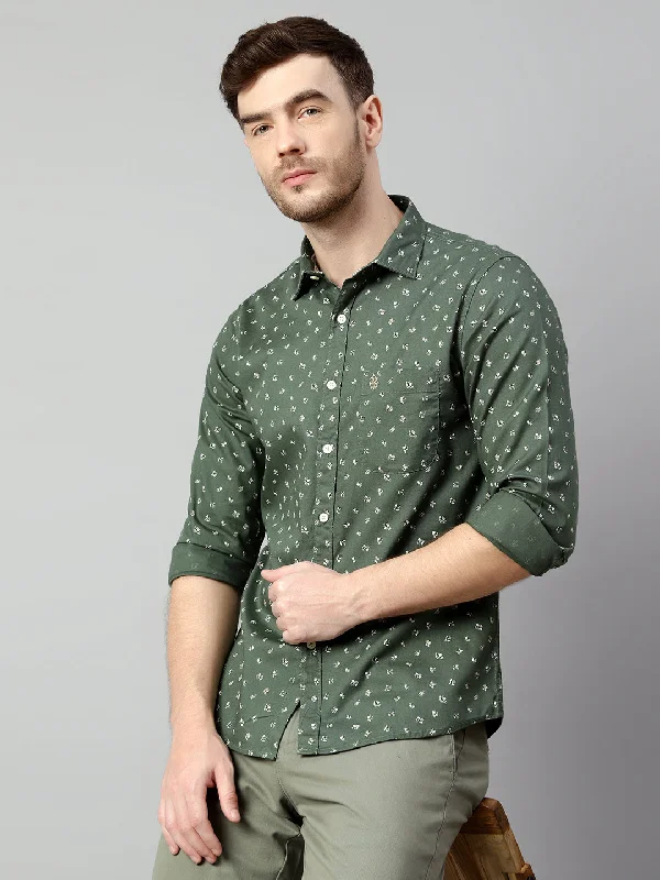 Cantabil Cotton Printed Green Full Sleeve Casual Shirt for Men with Pocket