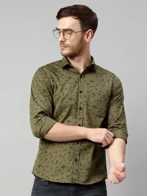 Cantabil Cotton Printed Green Full Sleeve Casual Shirt for Men with Pocket