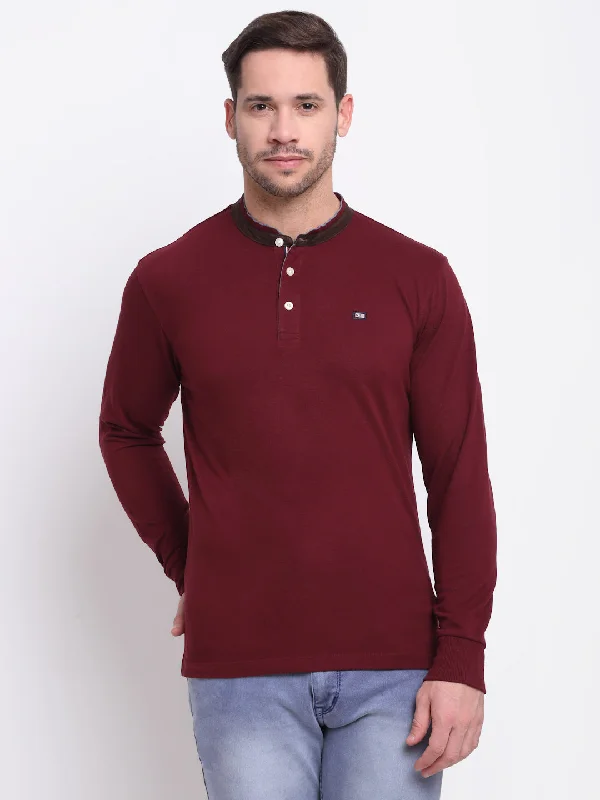 Cantabil Men Band Collar Full Sleeves Winter Wear Maroon T-Shirt