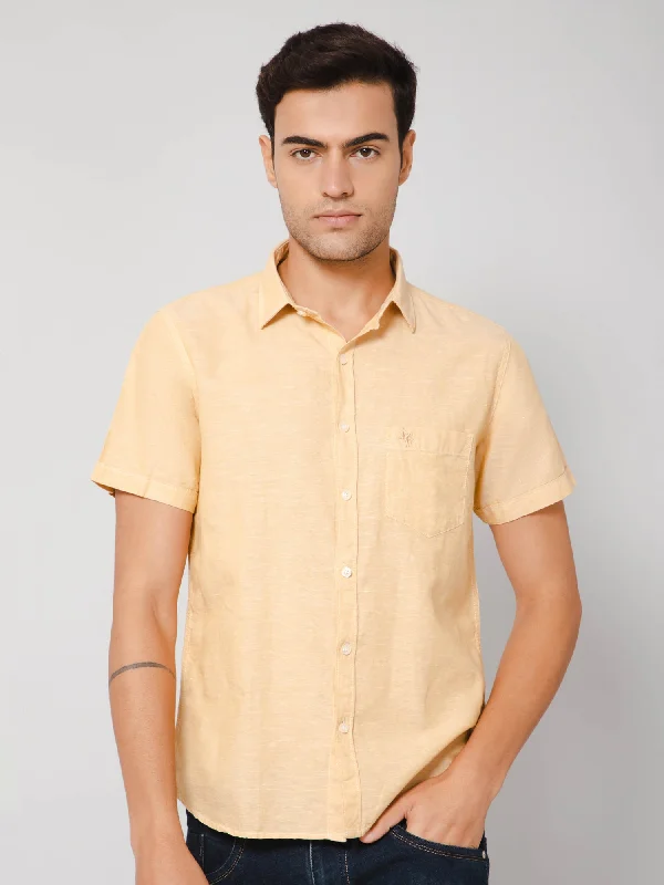 Cantabil Men Cotton Blend Solid Mustard Half Sleeve Casual Shirt for Men with Pocket