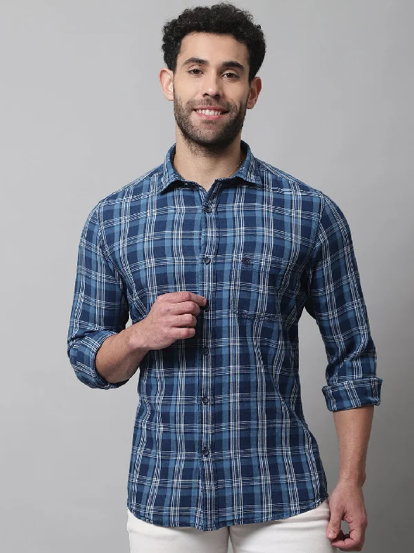 Cantabil Men Cotton Checkered Navy Blue Full Sleeve Casual Shirt for Men with Pocket