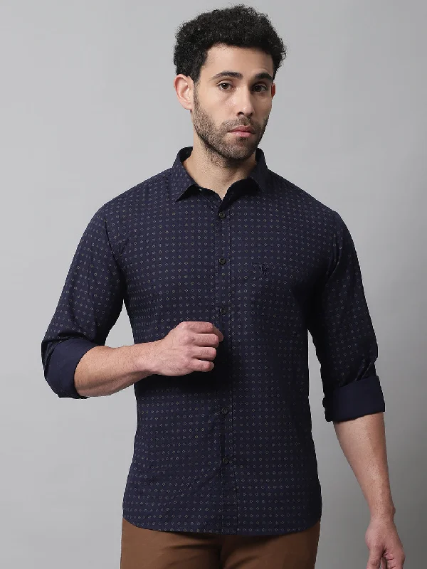 Cantabil Cotton Navy Blue Printed Full Sleeve Casual Shirt for Men with Pocket