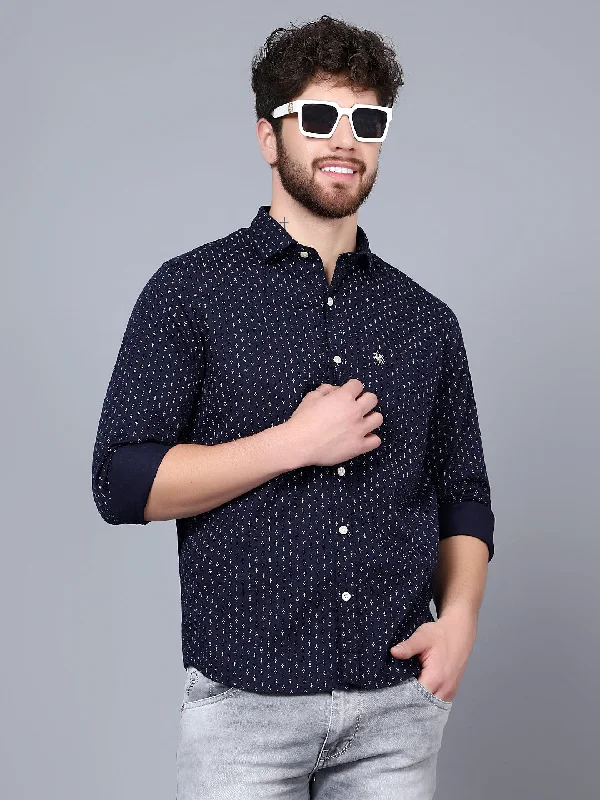 Cantabil Cotton Printed Navy Blue Full Sleeve Casual Shirt for Men with Pocket