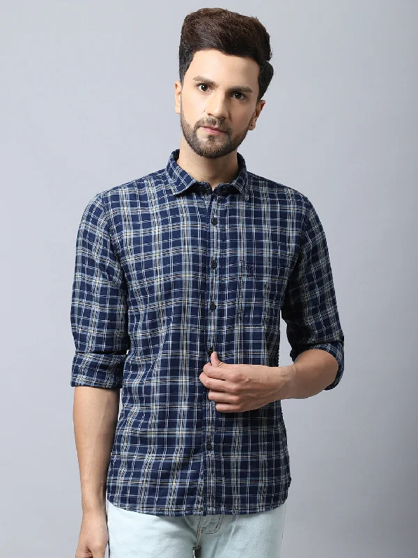 Cantabil Cotton Checkered Navy Blue Full Sleeve Casual Shirt for Men with Pocket