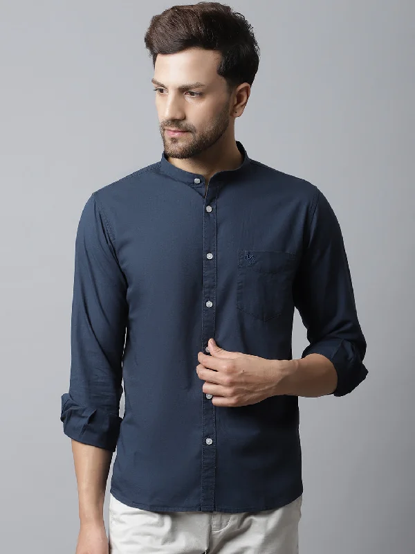 Cantabil Cotton Solid Navy Blue Full Sleeve Casual Shirt for Men with Pocket