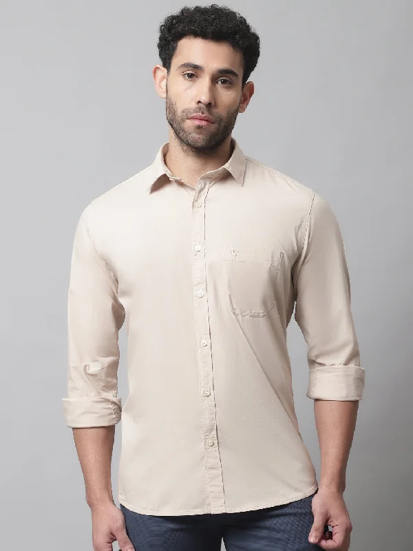 Cantabil Cotton Blend Solid Beige Full Sleeve Casual Shirt for Men with Pocket