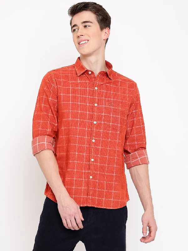 Cantabil Cotton Checkered Red Full Sleeve Casual Shirt for Men with Pocket