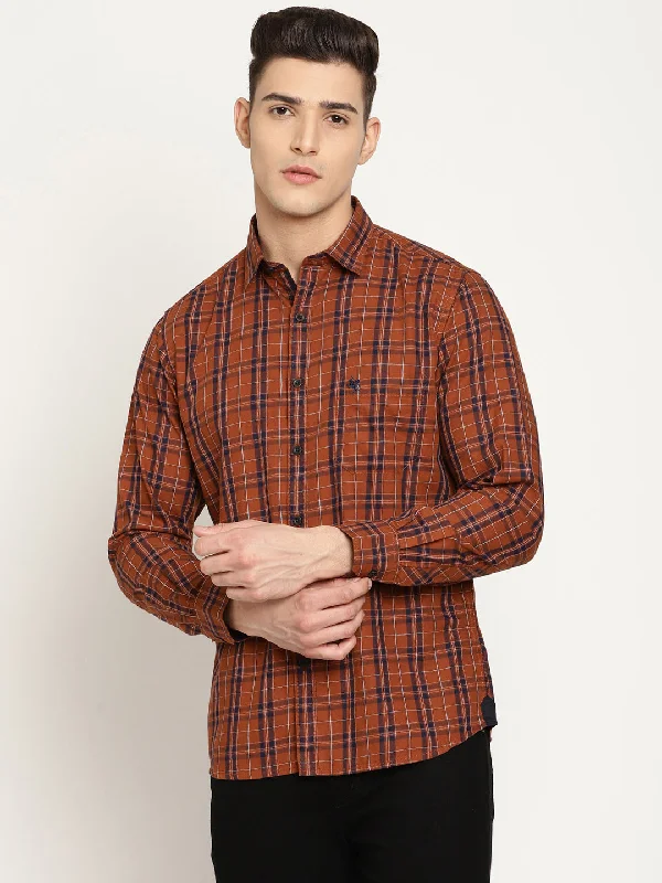 Cantabil Men Cotton Checkered Brown Full Sleeve Casual Shirt for Men with Pocket