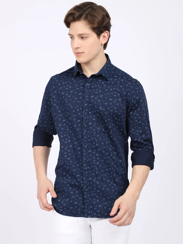 Cantabil Cotton Printed Navy Blue Full Sleeve Casual Shirt for Men with Pocket