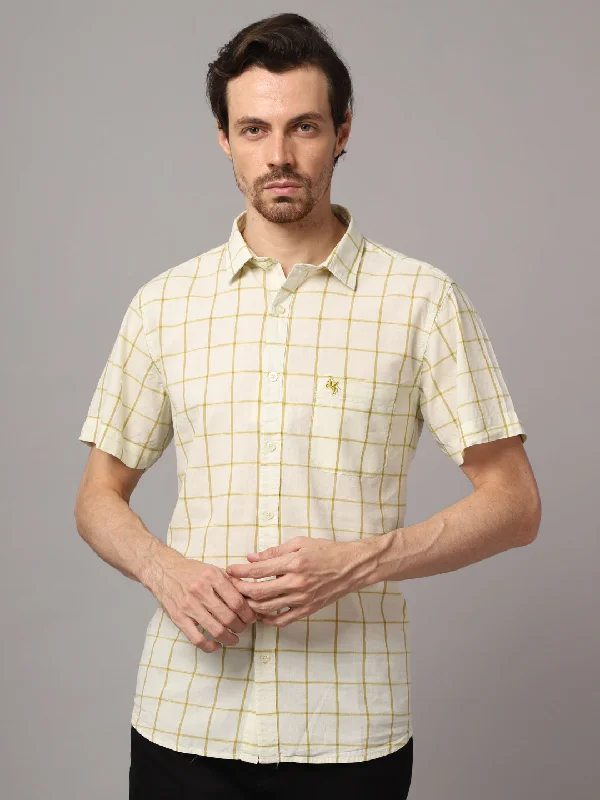 Cantabil Men Cotton Checkered Yellow Half Sleeve Casual Shirt for Men with Pocket