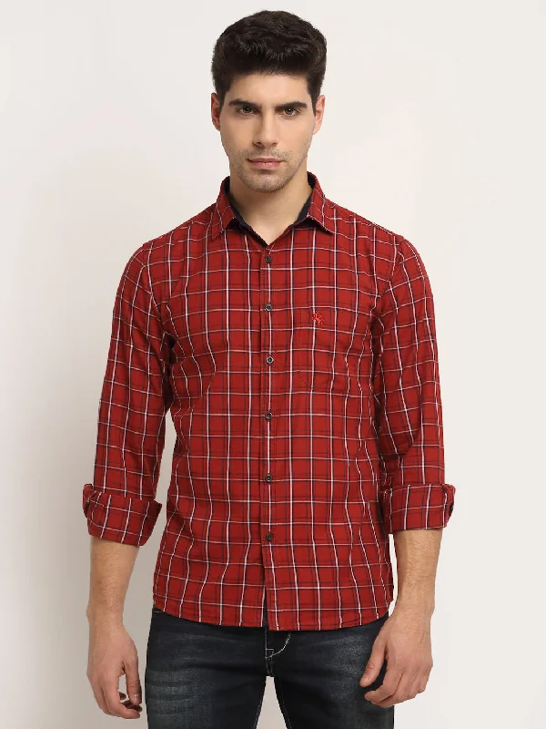 Cantabil Men Cotton Checkered Maroon Full Sleeve Casual Shirt for Men with Pocket