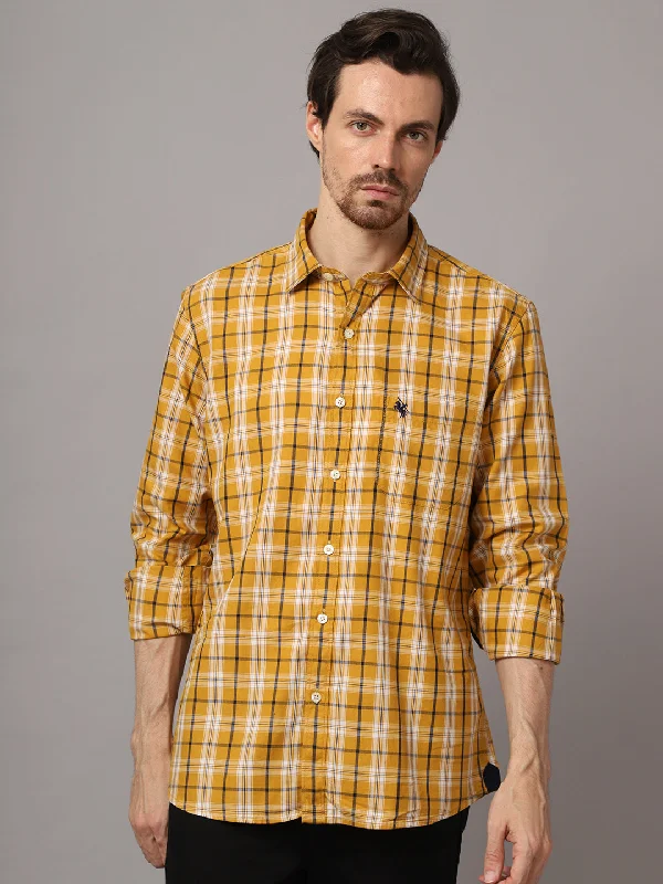 Cantabil Cotton Checkered Mustard Full Sleeve Casual Shirt for Men with Pocket