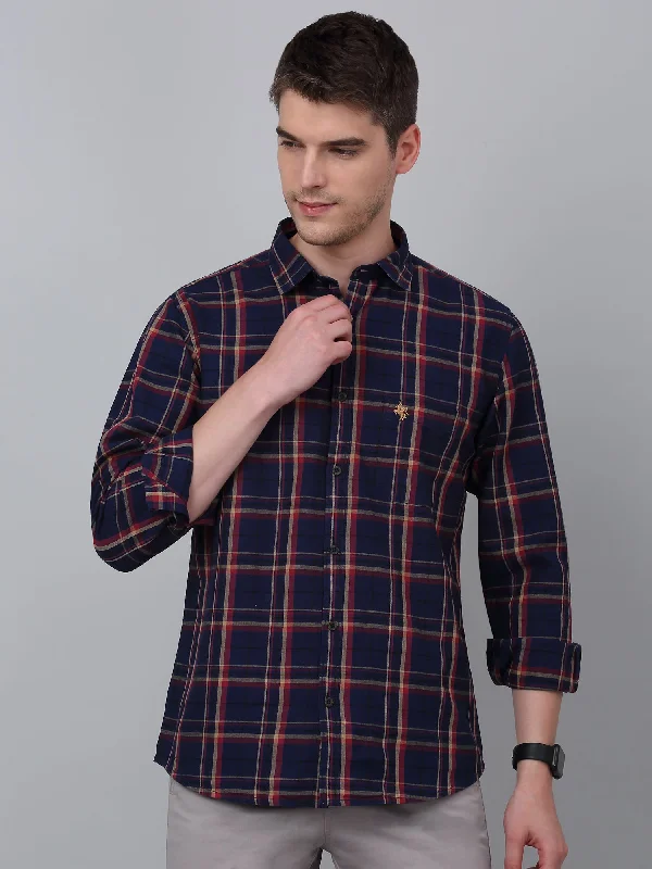 Cantabil Men's Navy Blue Checkered Full Sleeve Casual Shirt