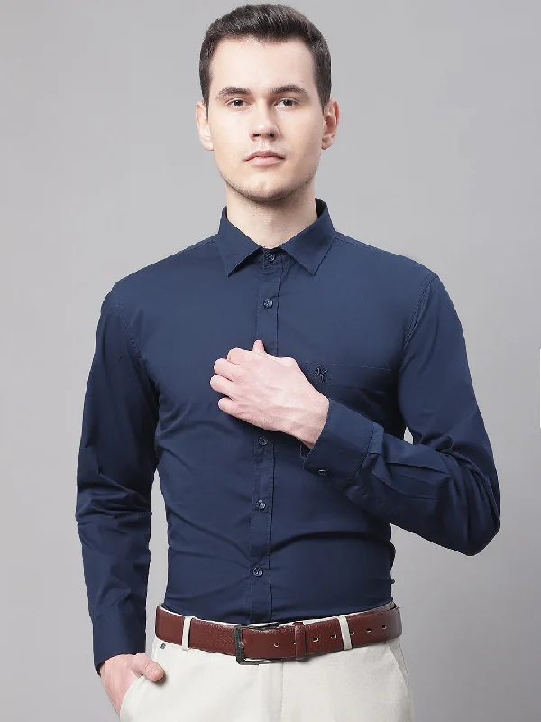 Cantabil Cotton Blend Solid Navy Blue Full Sleeve Casual Shirt for Men with Pocket