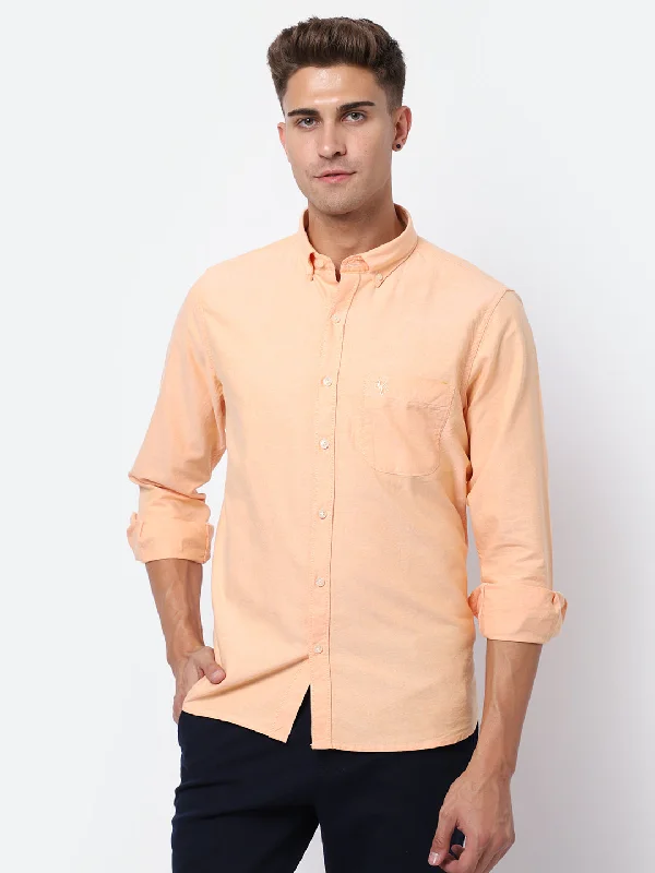 Cantabil Cotton Self Design Orange Full Sleeve Casual Shirt for Men with Pocket