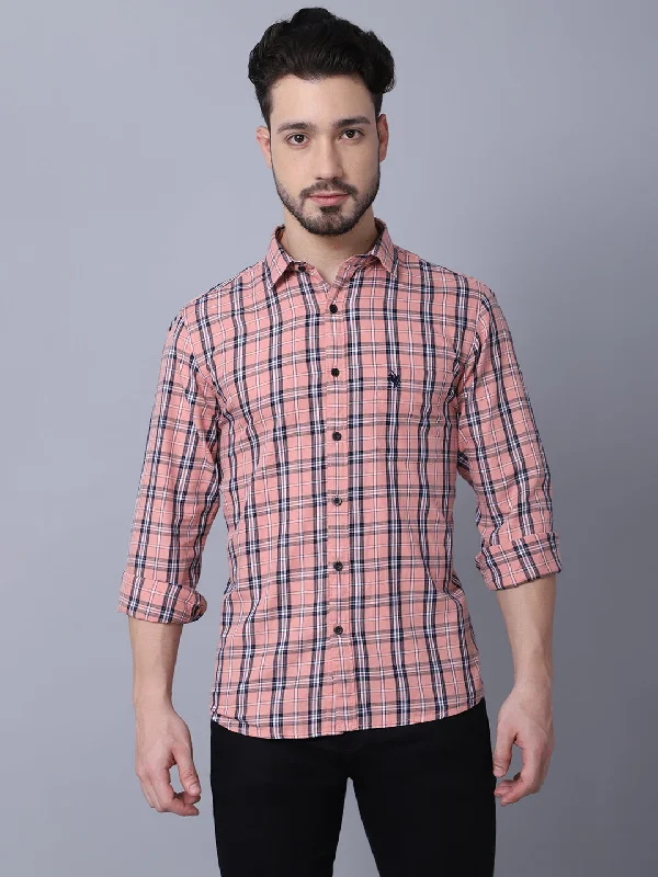 Cantabil Men Cotton Checkered Pink Full Sleeve Casual Shirt for Men with Pocket