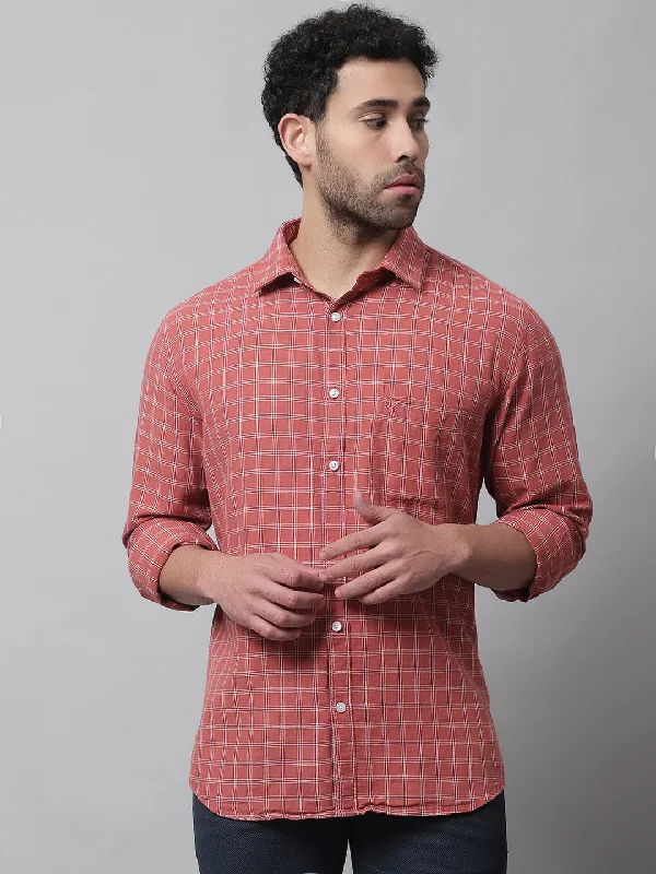 Cantabil Cotton Blend Red Checkered Full Sleeve Casual Shirt for Men with Pocket