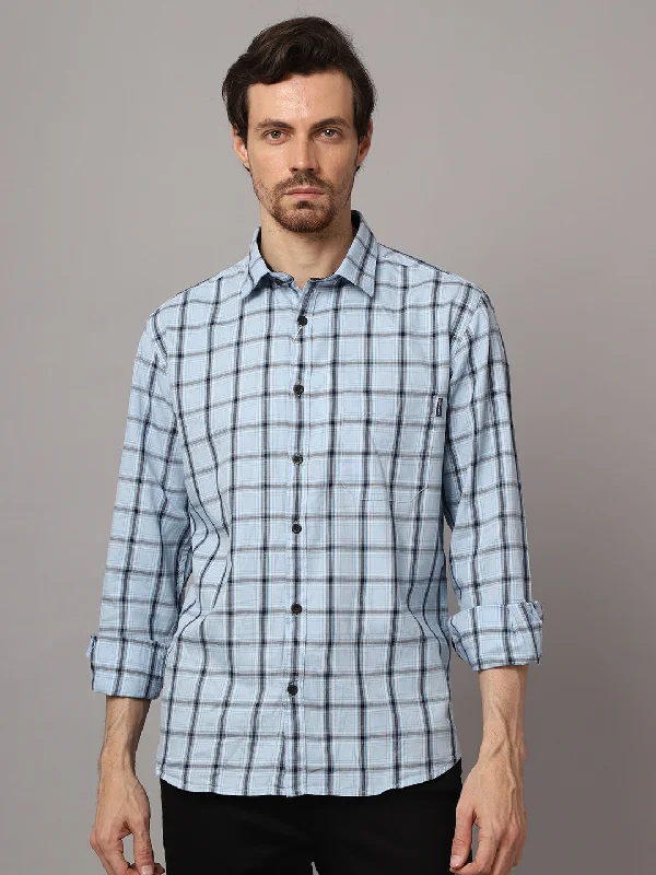 Cantabil Cotton Checkered Sky Blue Full Sleeve Casual Shirt for Men with Pocket