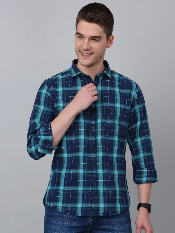 Cantabil Men's Turquoise Checkered Full Sleeve Casual Shirt