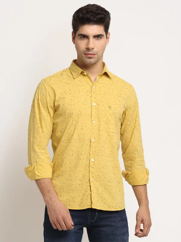 Cantabil Men Cotton Printed Yellow Full Sleeve Casual Shirt for Men with Pocket