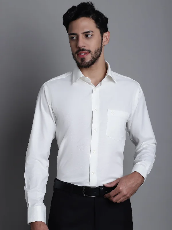 Cantabil Cotton Blend Self Design off White Full Sleeve Formal Shirt for Men with Pocket