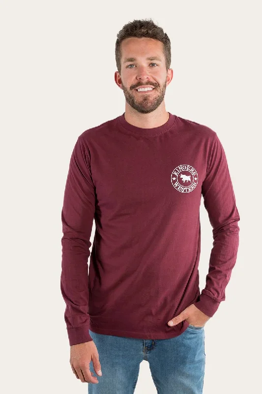 Signature Bull Mens Classic Fit Long Sleeve T-Shirt - Burgundy/White