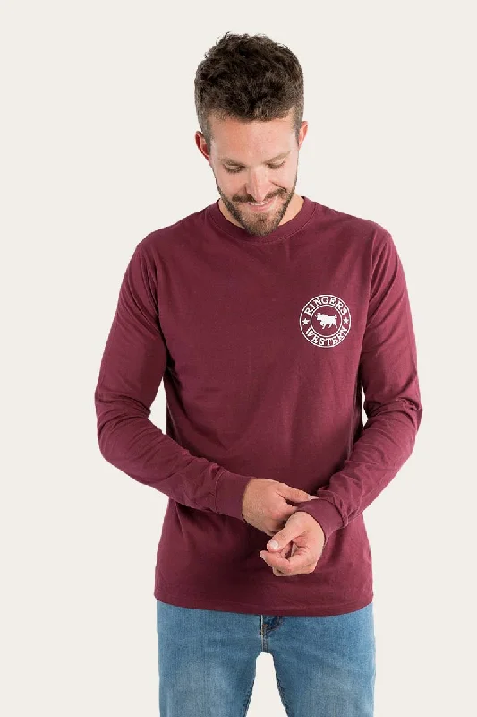 Signature Bull Mens Classic Fit Long Sleeve T-Shirt - Burgundy/White