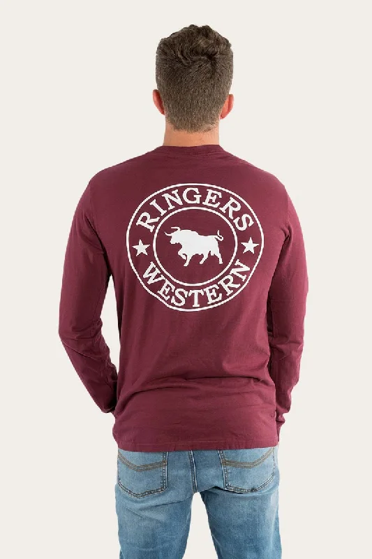 Signature Bull Mens Classic Fit Long Sleeve T-Shirt - Burgundy/White