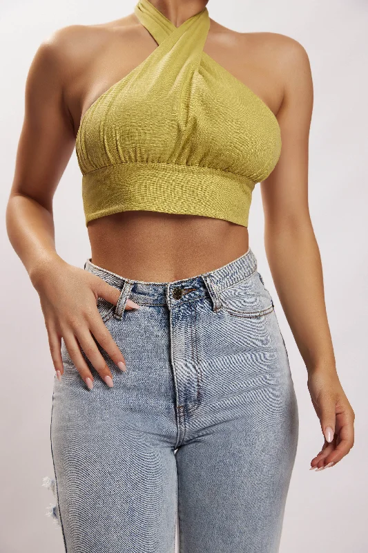 Piper Halter Neck Linen Crop Top - Apple