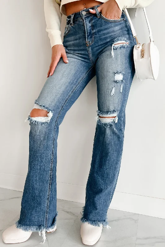 Tamren High Rise Distressed Risen Straight Leg Jeans  (Dark)