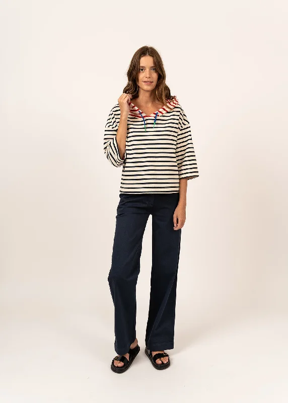 Dragey striped hooded t-shirt - in thick cotton jersey (ECRU/MARINE/TULIPE)