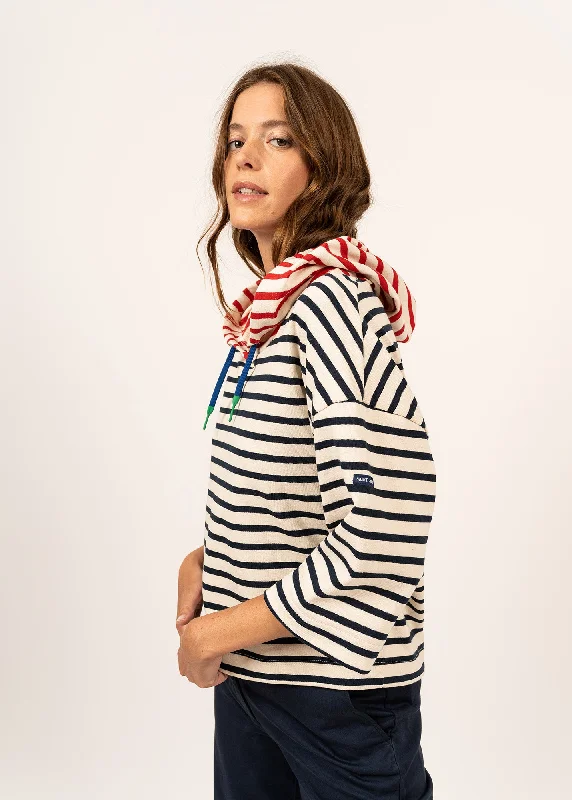 Dragey striped hooded t-shirt - in thick cotton jersey (ECRU/MARINE/TULIPE)