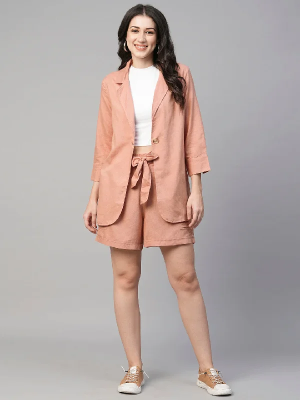 Women's Peach Viscose Linen Cotton Regular Fit Jacket