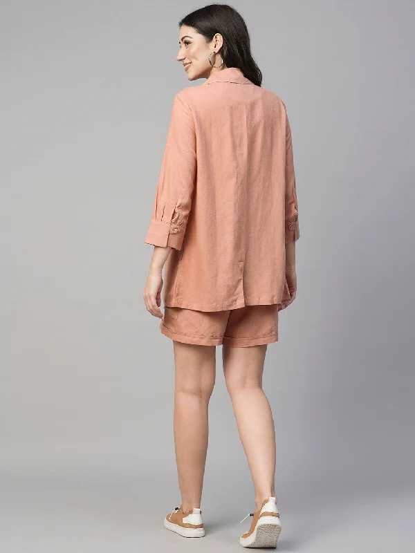 Women's Peach Viscose Linen Cotton Regular Fit Jacket