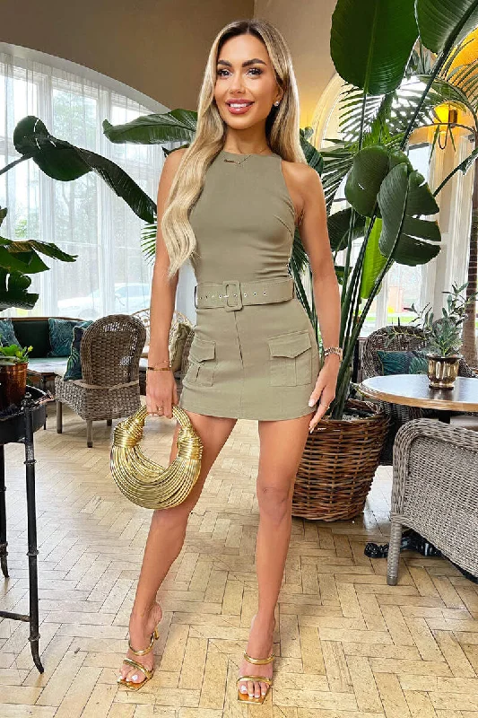 AX Paris Khaki Stretch Cotton Round Neck Belted Skort Playsuit