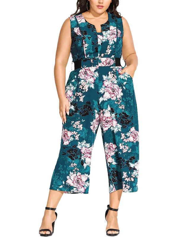 Plus Womens Floral Print Wide Leg Jumpsuit