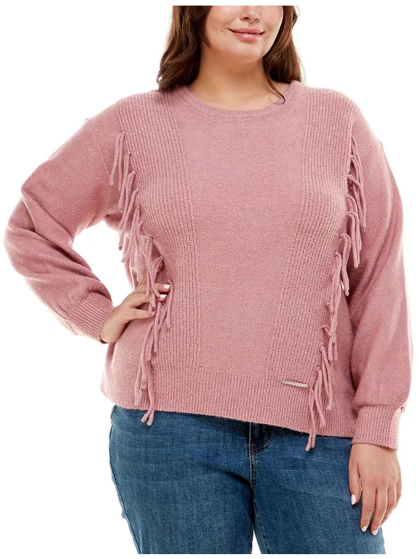 Plus Womens Knit Fringe Crewneck Sweater