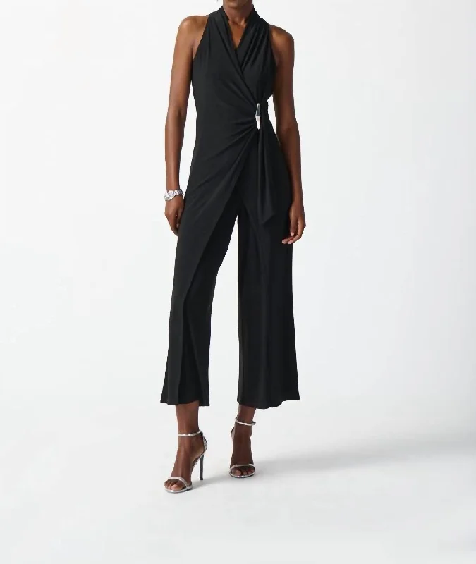 Silky Wrap Culotte Jumpsuit In Black