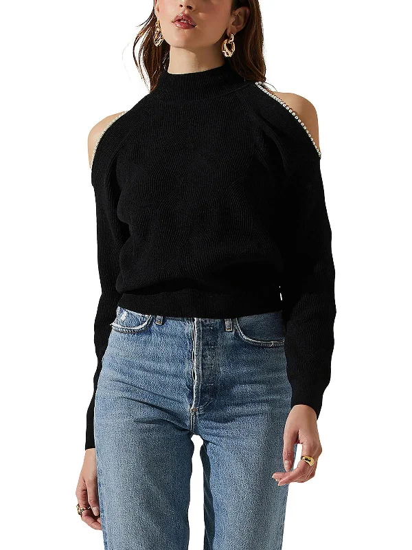 Tori Womens Cold Shoulder Embellished Mock Turtleneck Sweater