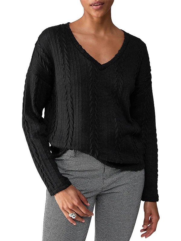 Womens Cable Knit Long Sleeve V-Neck Sweater