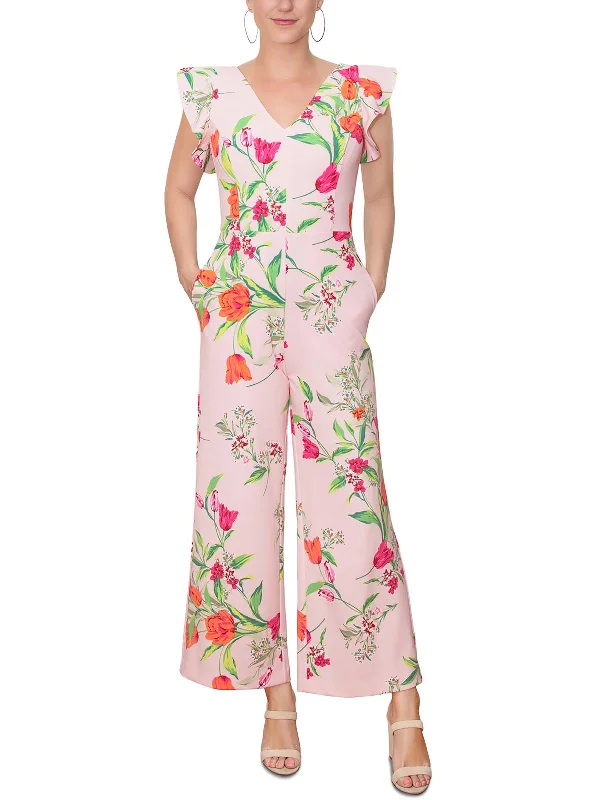 Womens Floral Print V Neck Jumpsuit